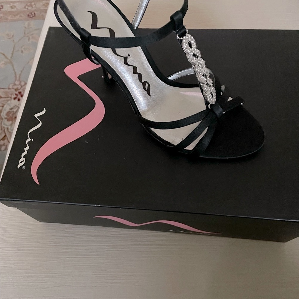 Nina Black Strappy Heels with Silver Accents